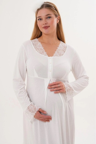 Lohussa Γυναικείο Σετ Νυχτικό Μακρυμάνικο Εκρού Σάλι με Δαντέλα Ειδικού Σχεδιασμού Μητρότητας και Εγκυμοσύνης