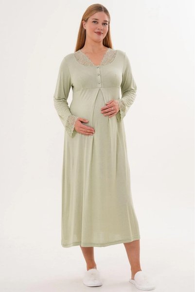 Lohussa Women's Green Lace Long Sleeve Special Design Maternity Nightgown with Hidden Nursing Feature