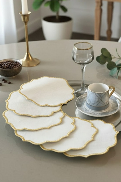 e-Bizz Store 6 Pieces of Linen Fabric with Embroidered Coffee Side Presentation Cocktail Napkins & Coasters Gold