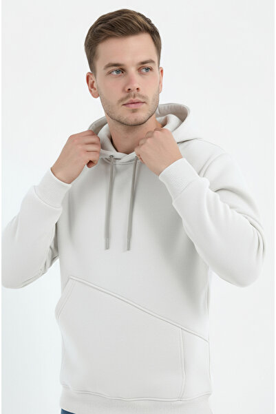 Sizce Moda White Men's Hooded Sweatshirt with Side Pockets 3 Thread [Soft Puf...
