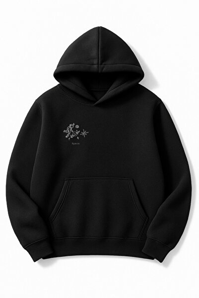 Altair Tr سويت شيرت أسود قصة فضفاضة للجنسين Space Space مطبوع بغطاء رأس