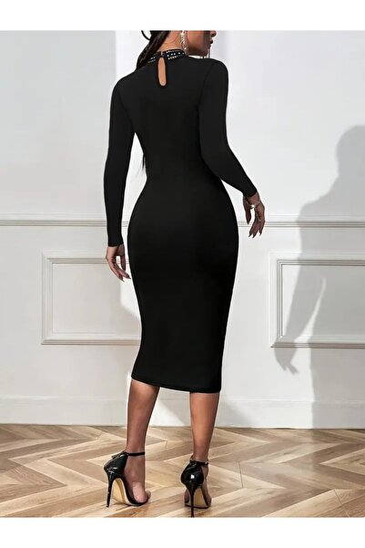 JANES Γυναικείο μακρυμάνικο φόρεμα με λαιμόκοψη με λεπτομέρεια από πέτρα, μίντι εισαγόμενο κρεπ φόρεμα