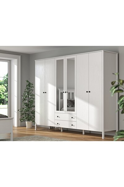 Sakura Ahşap Hunerika Okka 6 kapak 2 çekmeceli Gardırop -Wood Beyaz-Minifiks ...