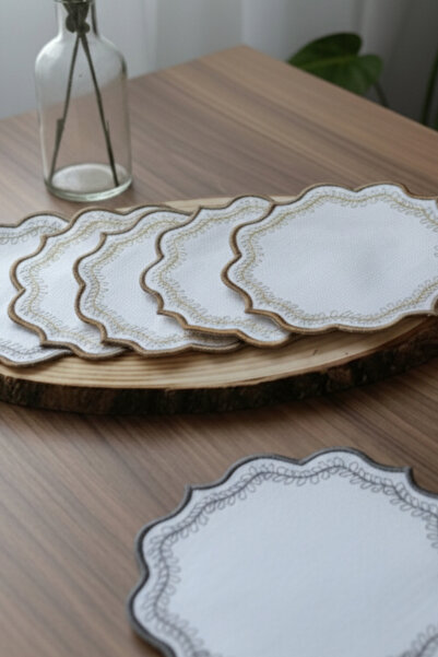 e-Bizz Store 6 Adet Keten Kumaş Üzeri Yaprak Desen Nakışlı Kahve Yanı Kokteyl Peçetesi & Bardak Altlığı Füme