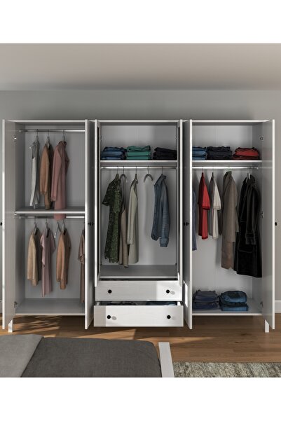 Sakura Ahşap Hunerika Okka 6 kapak 2 çekmeceli Gardırop -Wood Beyaz-Minifiks Bağlantılı