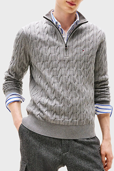 Tommy Hilfiger Pamuklu Regular Fit Yarım Fermuarlı Dik Yaka Kazak Erkek KAZAK MW0MW36532 P91