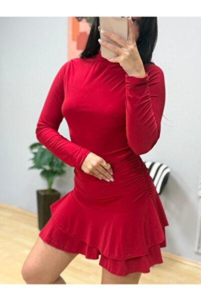 Giyimodam Women's Long Sleeve Turtleneck Mini Ruffle Sandy Dress