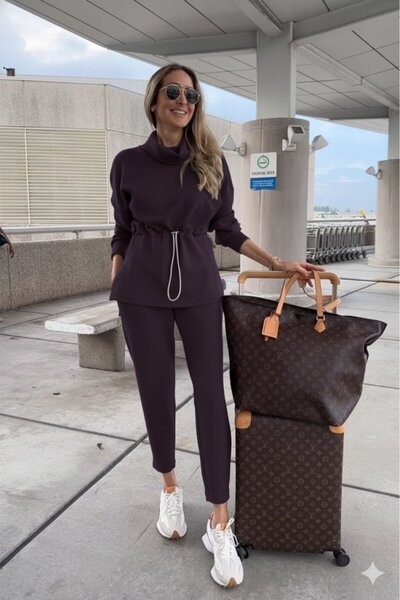 JANES Women's Long Sleeve Turtleneck Modal Blouse and Pants Two-Piece Set with Elastic Waist