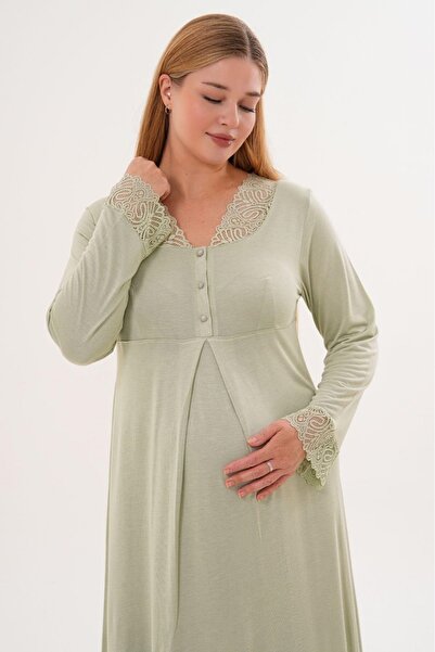 Lohussa Γυναικείο νυχτικό εγκυμοσύνης με πράσινη δαντέλα, μακρυμάνικο, ειδικο...