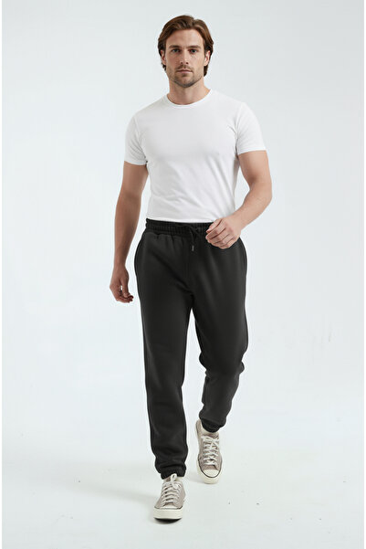 Sizce Moda Black Men's Regular Sweatpants with Elasticated Cuffs, 3 Thread So...