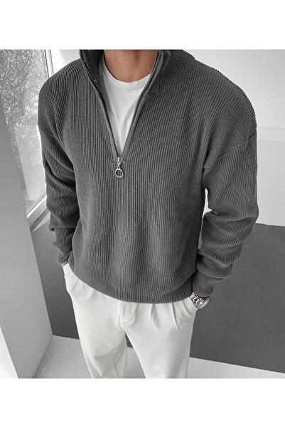 oneoff Men's Corded Fabric Half Zipper Collar Smoked Color Detailed Knitwear Sweater