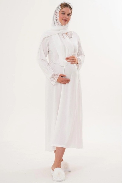 Lohussa Γυναικείο Σετ Νυχτικό Μακρυμάνικο Εκρού Σάλι με Δαντέλα Ειδικού Σχεδιασμού Μητρότητας και Εγκυμοσύνης