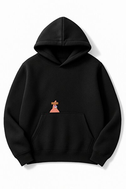 Altair Tr سويت شيرت أسود قصة فضفاضة للجنسين باتريك مطبوع بغطاء رأس