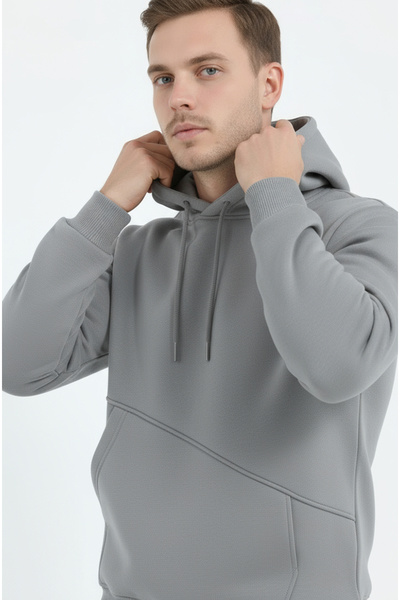 Sizce Moda Açık Gri Erkek Yandan Cepli Kapşonlu Sweatshirt 3 İplik [Yumuşak P...