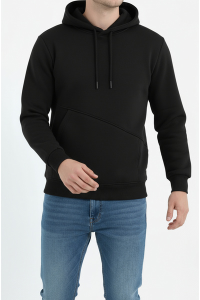 Sizce Moda Siyah Erkek Yandan Cepli Kapşonlu Sweatshirt 3 İplik [Yumuşak Puf ...