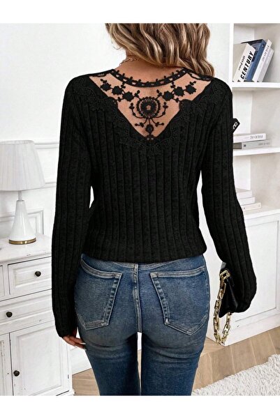 JANES Women's Long Sleeve V Neck Lace Detail Back Fleece-Lined Ribbed Knit Blouse