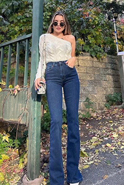 JILLY Candy Lacivert İspanyol Paça Pantolon Rahat Flare Jeans