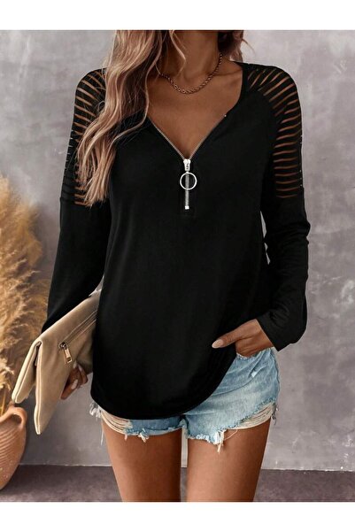 Serero Eyesof Women's Long Sleeve Viscose Blouse with Zipper at Neck