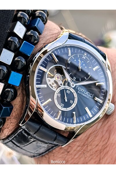 Ferrucci Automatic (Battery-Free) Men's Watch, Navy Blue Leather Band, Comes in a Stylish Box with a Couple Bracelets as a Gift