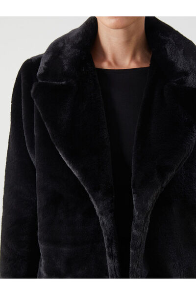 LC Waikiki Black Jacket Collar Women's Fur Coat