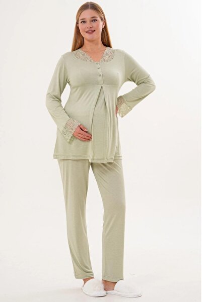 Lohussa Women's Green Shawl Collar Lace Detailed Long Sleeve Special Design Maternity Pajama Set