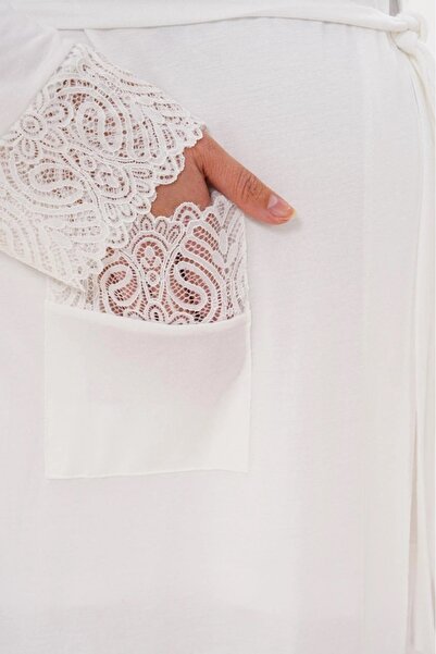 Lohussa Women's Ecru Shawl Collar Pocketed Belted Special Design Lace Detailed Cotton Stretchy Dressing Gown