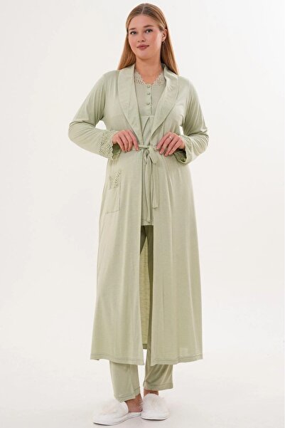 Lohussa Women's Green Shawl Collar Lace Detailed Long Sleeve Special Design Maternity Pajama Set