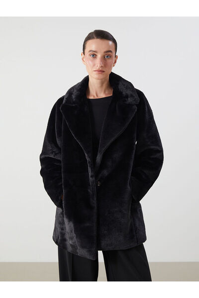 LC Waikiki Black Jacket Collar Women's Fur Coat