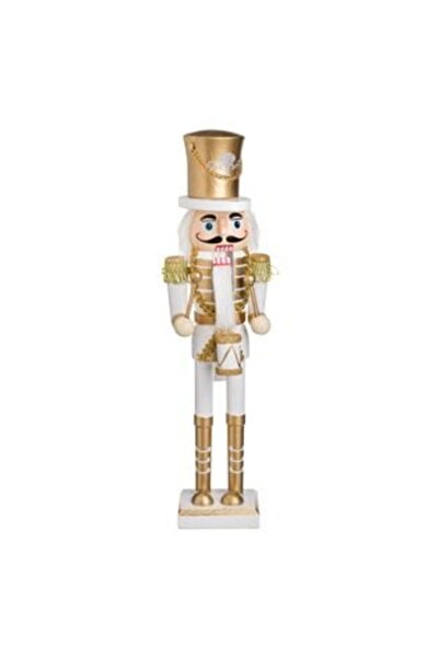 UnderShop Christmas Decoration - Wooden Drummer Soldier with White Uniform, Gold Glitter, 38 cm