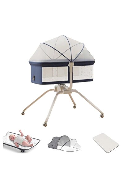Kardett Pătuț pliabil albastru pentru bebeluși, cu saltea, plasă de țânțari, masă de înfășat, înălțime reglabilă, roți