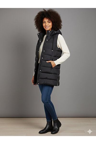 BERNEO Women's Puffer Long Pocket Detailed Hooded Zipper Vest