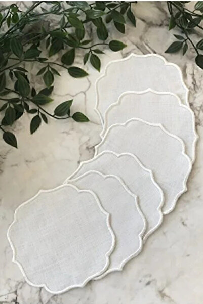 e-Bizz Store 6 Pieces of Linen Fabric with Embroidered Coffee Side Presentation Plate Cocktail Napkins & Coasters White