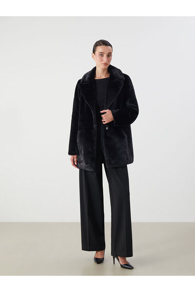 LC Waikiki Black Jacket Collar Women's Fur Coat