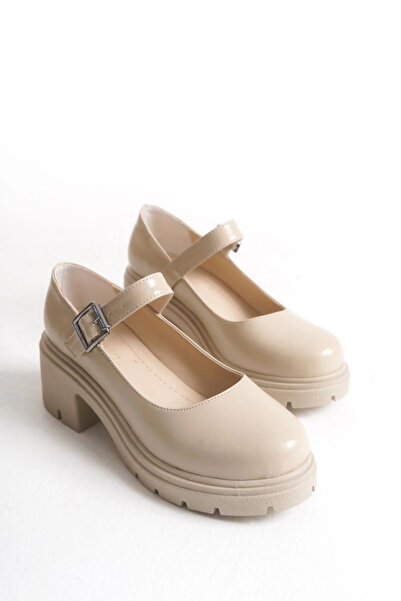 TB Terzi Bey K-708 Beige Wrinkled Patent Leather Buckle High-Sole Loafer Shoes