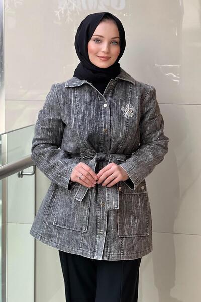 Nuss Stone Embroidered Front Snap Button Belted Denim Cap