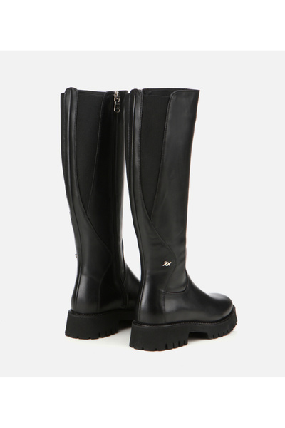 Hotiç Kadın Deri Siyah Lastik Detaylı Binici Düz Çizme