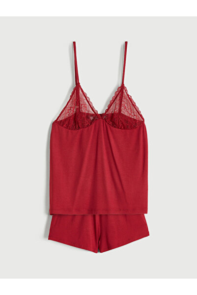 LC Waikiki Red V-Neck Lace Detailed Women's Shorts Pajama Set