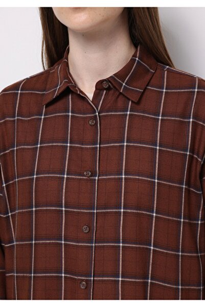 Colin's Regular Fit Shirt Neck Ekoseli Kadın Kahverengi Uzun Kol Gömlek