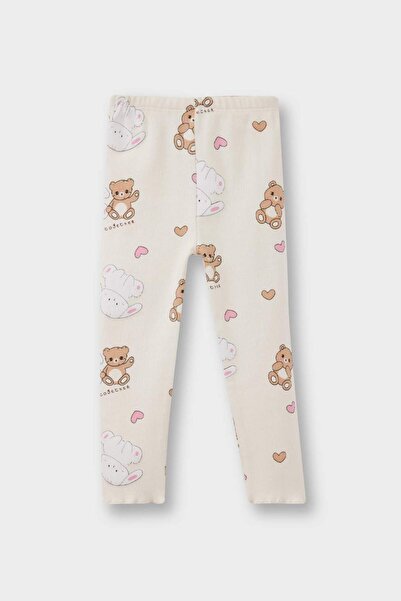 DeFacto Kız Bebek Pijama Takımı Ayı Baskılı Uzun Kollu Fitilli Kaşkorse Üst Uzun Alt F7537A525AU