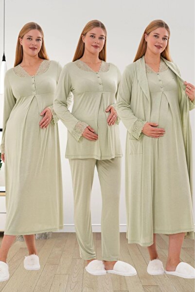 Lohussa Kadın Yeşil Şal Yaka Dantelli Uzun Kol Özel Tasarım Lohusa Hamile Sab...