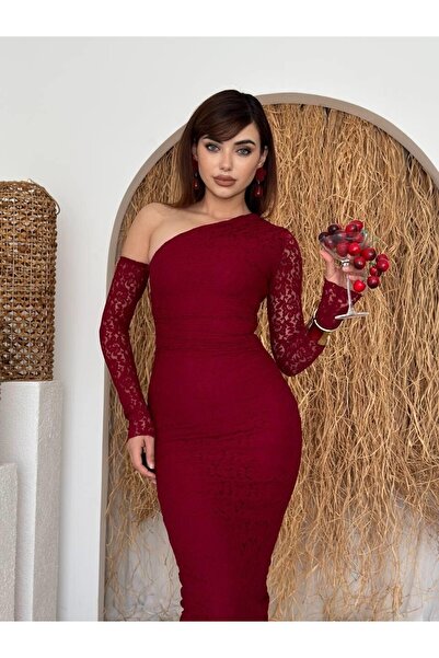 Monapera Bees Tek Omzu Açık Dantel Midi Elbise