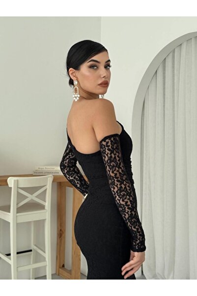 Masspera Bees Tek Omzu Açık Dantel Midi Elbise