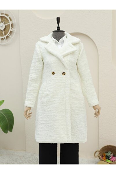 ALPACO Double buttoned lined side pocket plush coat - ecru