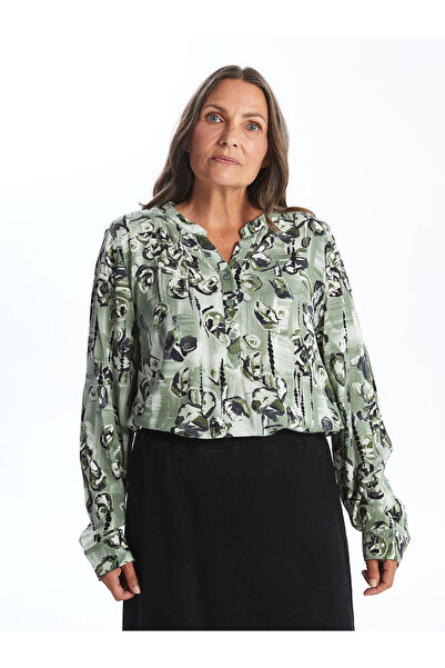 LC Waikiki Green Crouch Collar Patterned Long Sleeve Women's Blouse