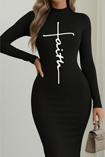 Nnstartshopping   Women's Long Sleeve Turtleneck Print Detailed Viscose Full Length Dress