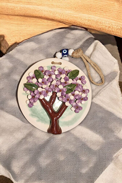 Revard Home Nazar Boncuklu Erguvan Ağacı Figürlü Seramik El Yapımı Dekoratif Şık Duvar Süsü Eşyası 19X19 CM