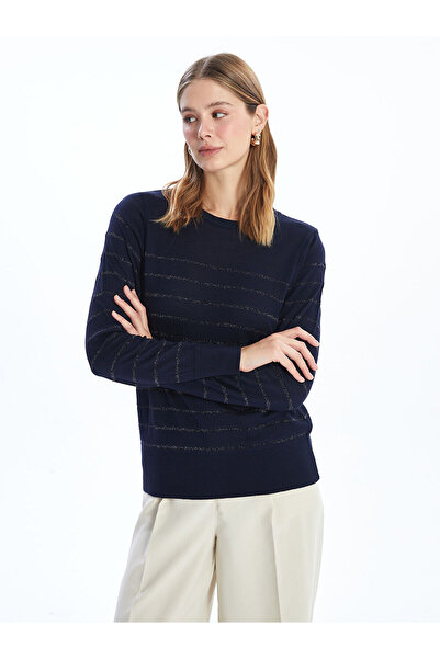 LC Waikiki Navy Blue Crew Neck Striped Women's Knitwear Sweater