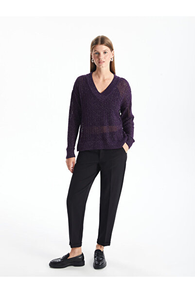 LC Waikiki Mor V Yaka Ajurlu Uzun Kollu Kadın Triko Kazak