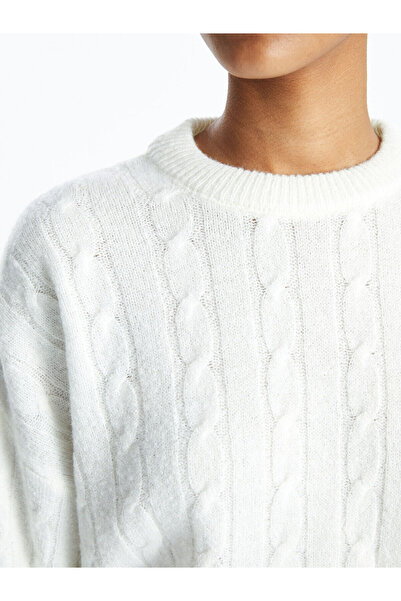 LC Waikiki Ecru Crop Damen-Strickpullover – Rundhalsausschnitt, lange Ärmel