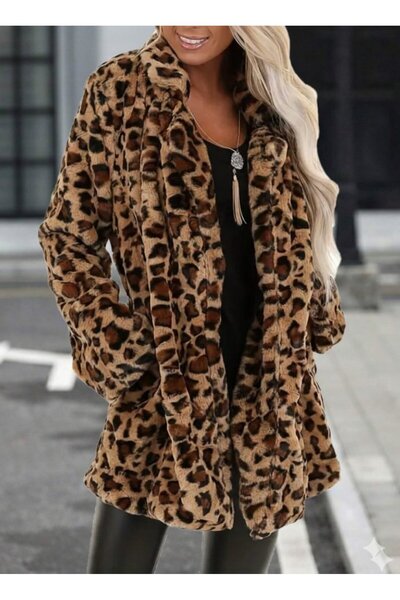 Kokosh moda Palton scurt de pluș leopard cu mâneci lungi și buzunare pentru f...
